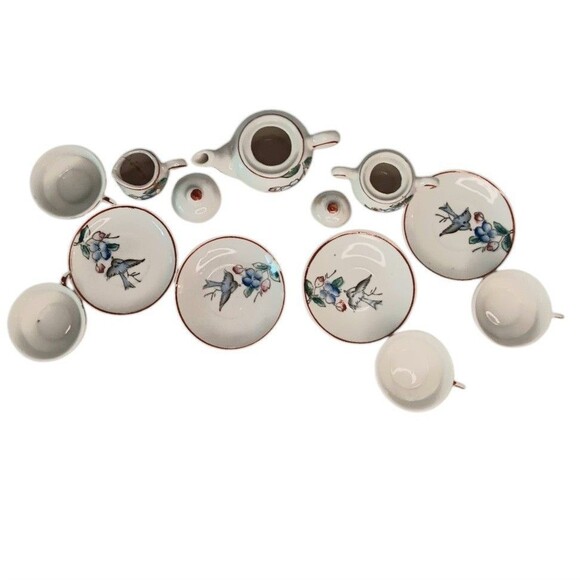 VTG Japanese Miniature Child's Tea Set Porcelain Blue Birds & Flowers 13 Pieces - Picture 3 of 16